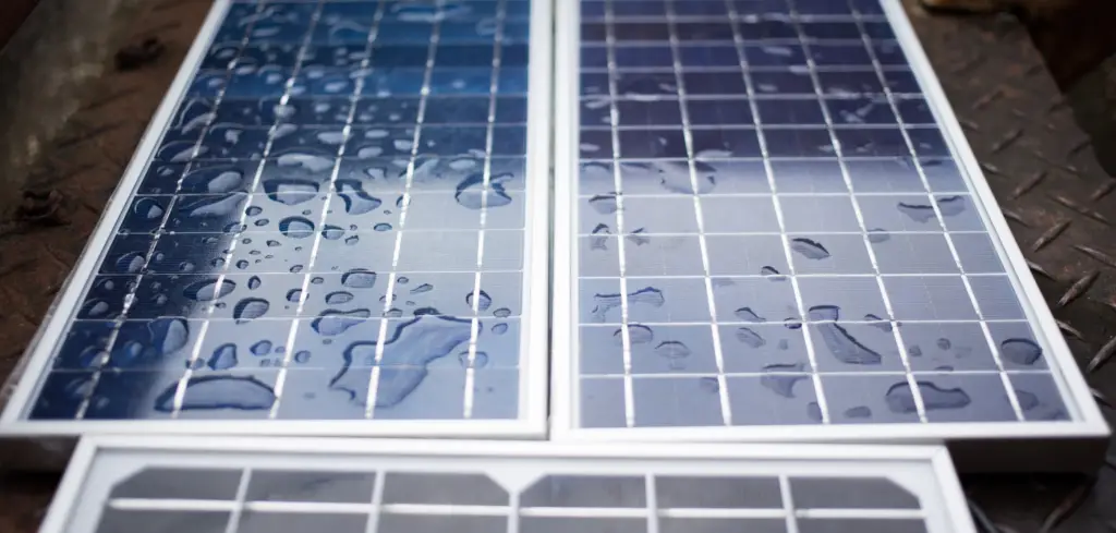 Several solar panels with rain accumulated and pooled on the surface.