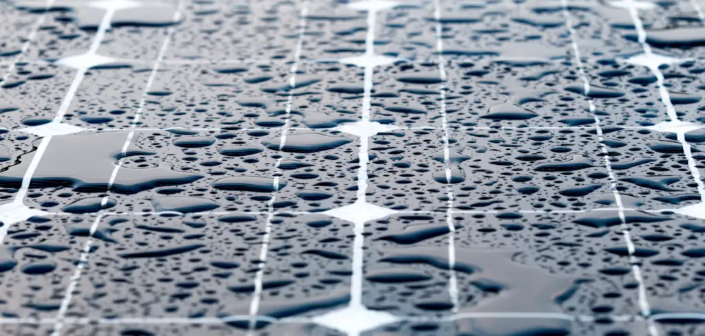 Up close view of rain accumulated on the solar panel surface.