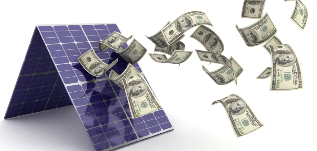 Computer generated image of a solar panel with dollar bills flying out of it.