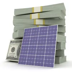 Large stacks of money behind a solar panel.