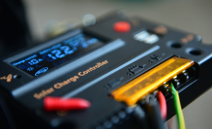 Up close photo of a solar charge controller