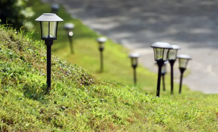 A number of small solar lights in a garden turned off