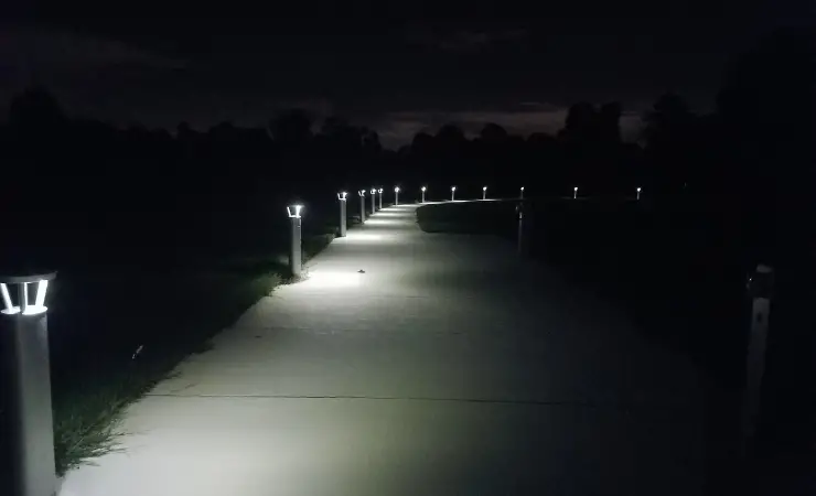 A pathway at night that is lit up by many small solar lights.