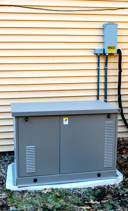 Residential generator on a concrete pad next to a house wall.