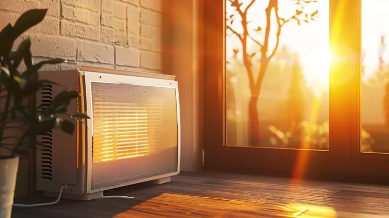 A solar generator plugged into a space heater, with the sun shining brightly through a window onto the solar panels.