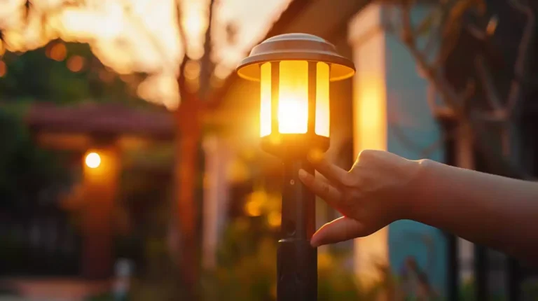 A hand flipping the on/off switch on a solar light, with the sun shining in the background to illustrate the benefits of manual control on solar lights.