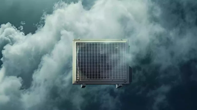 A solar air conditioner surrounded by dark clouds, symbolizing unreliable power source and limited functionality in cloudy weather.