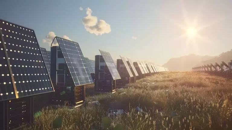 A large field filled with solar panels, with a row of computers mining cryptocurrency in the foreground. The sun is shining brightly in the sky.