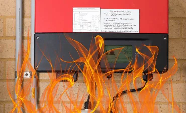 Solar inverter in the background with flames superimposed in the foreground.