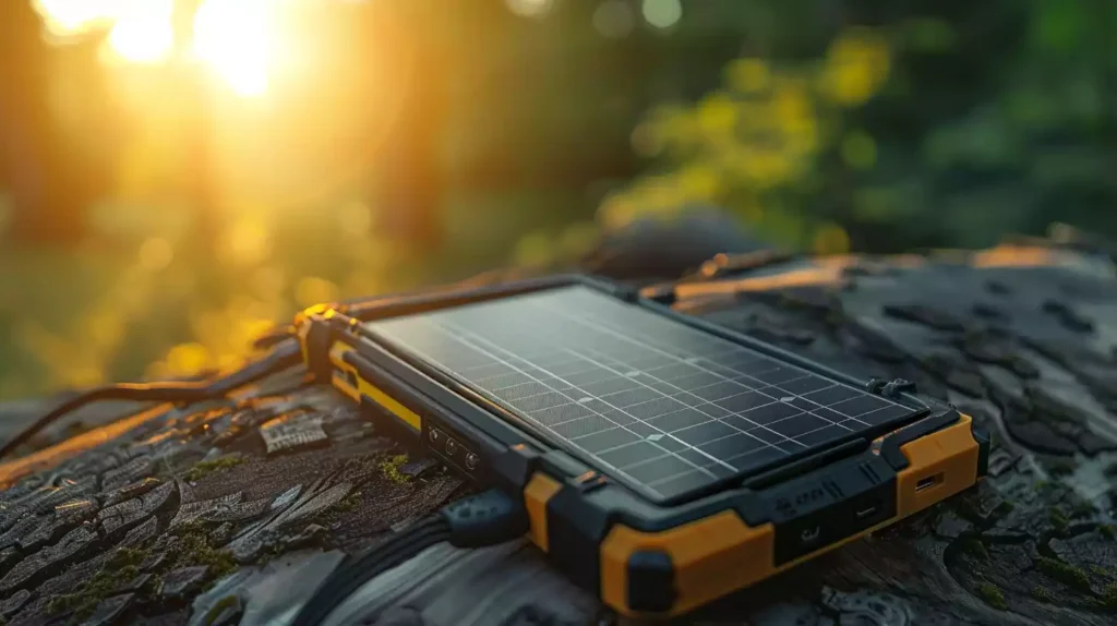 A solar panel attached to a battery, with the battery attached. The sun is shining brightly in the background.