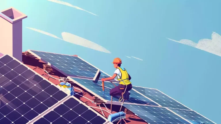 A person on a roof, surrounded by tools and solar panels. The person is carefully positioning panels and connecting wires on a sunny day.