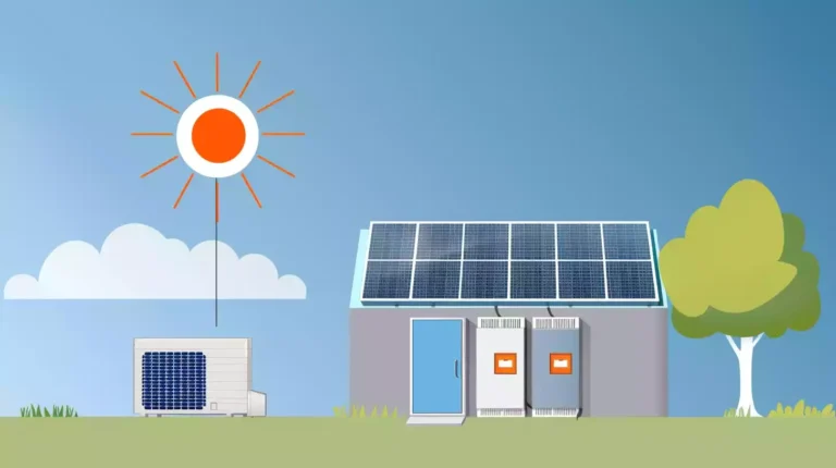 Sunlight hitting solar panels on a roof, converting energy to electricity, storing it in a battery, and powering a generator to illustrate how solar generators work.