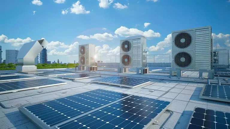 A sunny rooftop with a grid of solar panels connected to an air conditioner unit, illustrating the concept of how many panels are needed to power the cooling system.