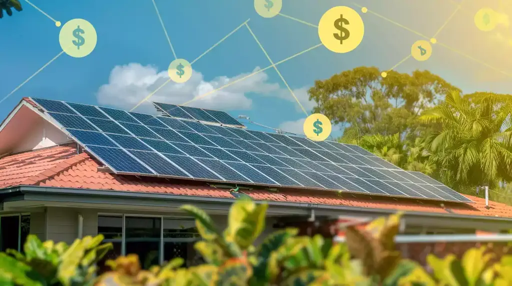 A solar panel installation on a residential rooftop with a clear sky in the background. There is a timeline with dollar signs indicating the payback period above the solar panels.