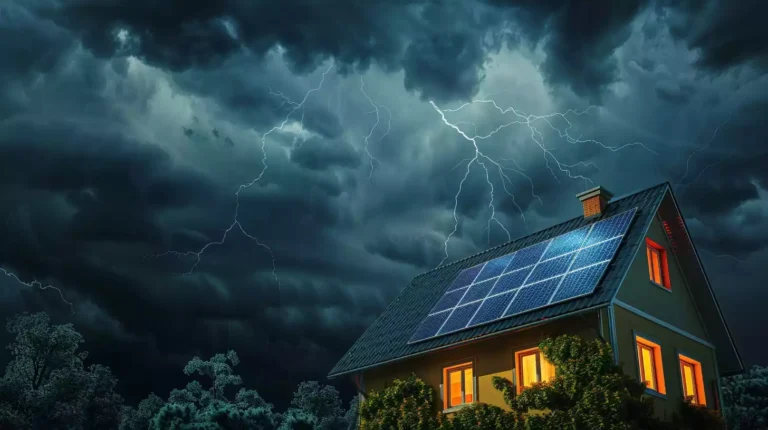 A house with solar panels on the roof, surrounded by dark storm clouds. The solar panels are glowing brightly, providing power to the home during a blackout.