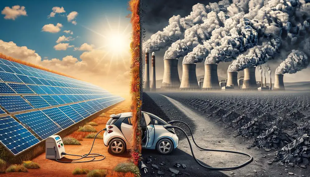 A split image showing: the left side having a solar panel array charging an electric car, sun in sky. Right side car plugged into a power outlet, coal power plant in background, smog.