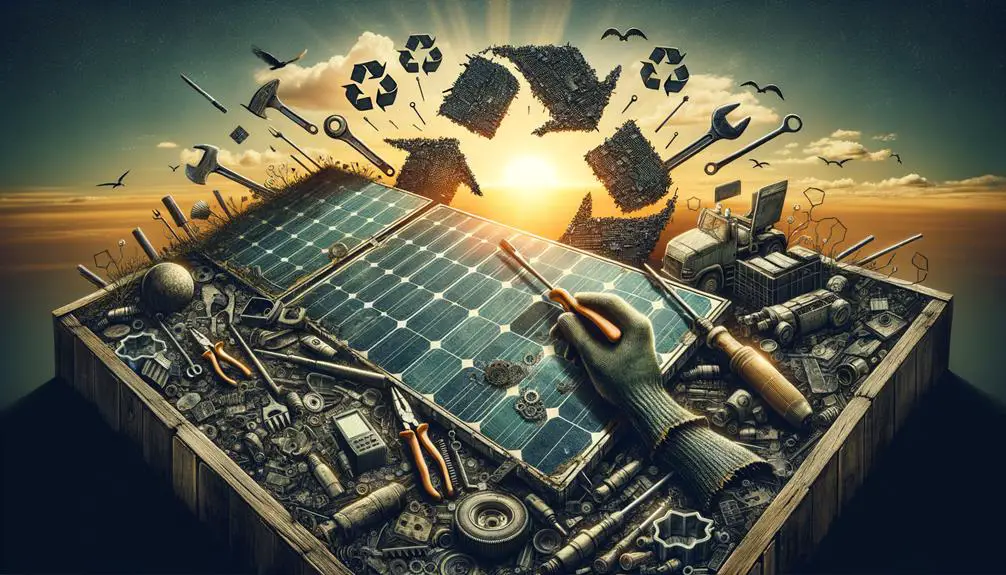 Aged solar panels with visible wear, partially disassembled, surrounded by recycling symbols and tools, against a backdrop of a setting sun, symbolizing end of lifecycle and renewal.