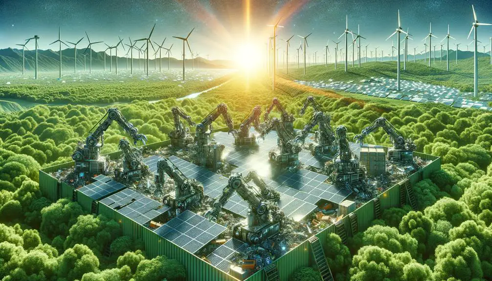 A futuristic recycling facility with solar panels being disassembled by robots, surrounded by lush greenery, under a bright sun with wind turbines in the background.