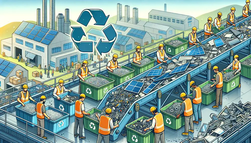 A conveyor belt with solar panels being disassembled, workers sorting materials into bins labeled glass, metal, and silicon, with a recycling symbol prominently displayed and a factory background processing the reclaimed materials.