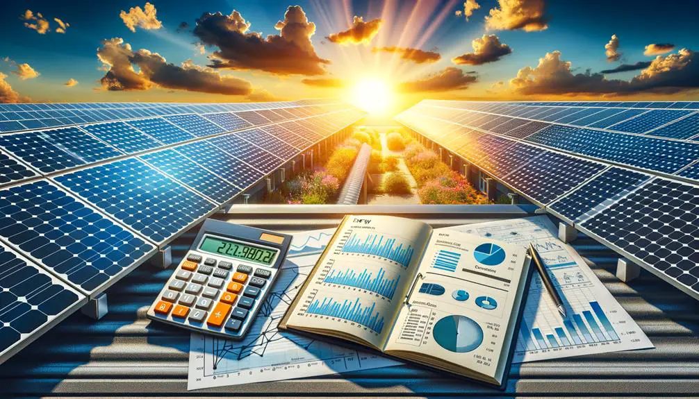A bright sunny area with a large amount of solar panels with a calculator and a notepad displaying charts and graphs, alongside a bright sun and an energy meter.