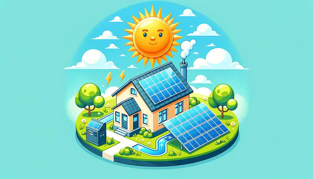 A sunny rooftop covered in solar panels with a vibrant sun in the sky, and a clear energy-efficient home below showcasing a visible flow of electricity to symbolize solar energy production.