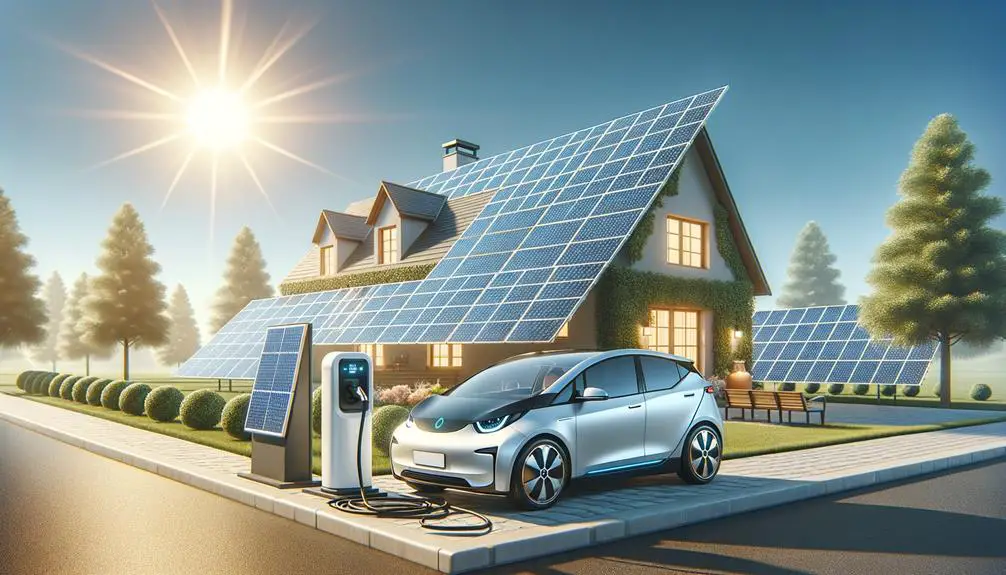 An electric car plugged into a sleek array of solar panels, with the sun shining brightly overhead and a home in the background. No words, clear blue sky, modern and eco-friendly vibe.