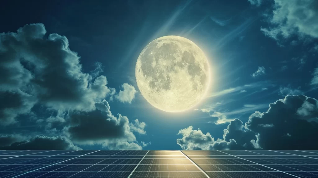 A serene rooftop covered in solar panels basking under a bright full moon, with soft beams highlighting the panels' edges to suggest the interaction between moonlight and solar energy technology.