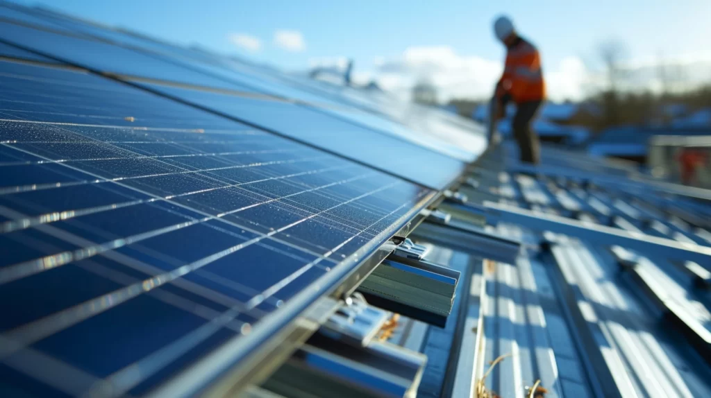 A worker carefully installing solar panels on a steep, shiny metal roof, with safety harnesses, non-penetrative mounts, and a clear, sunny sky in the background.