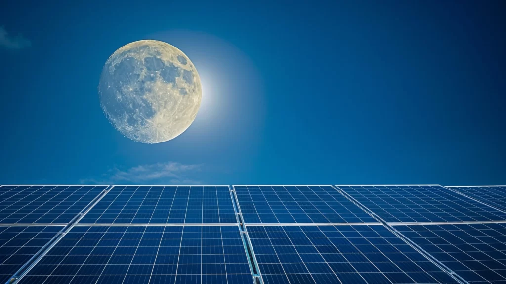 Several solar panels under a night sky with a clear, bright full moon.