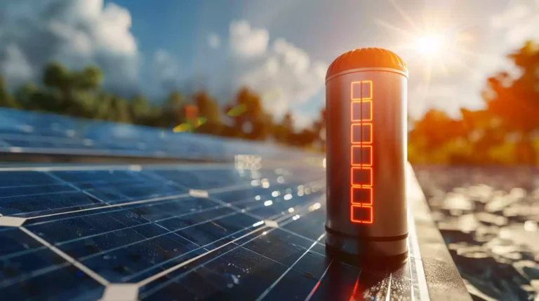 A solar panel connected to a lithium battery, with the sun shining brightly overhead.