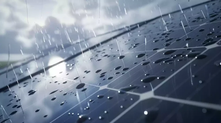 A rainy day with solar panels still generating energy. Raindrops are falling on the panels, with clouds in the sky and a faint sunlight peeking through.
