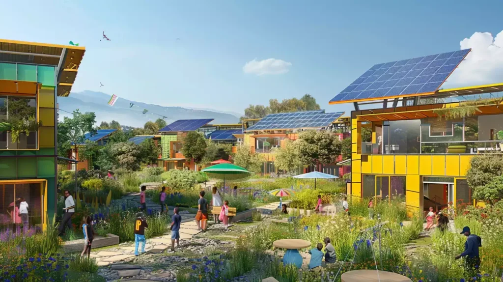A vibrant community with solar panels integrated into the landscape, symbolizing unity and environmental consciousness. The composition includes elements like solar panels, green spaces, and people of different ages and backgrounds.