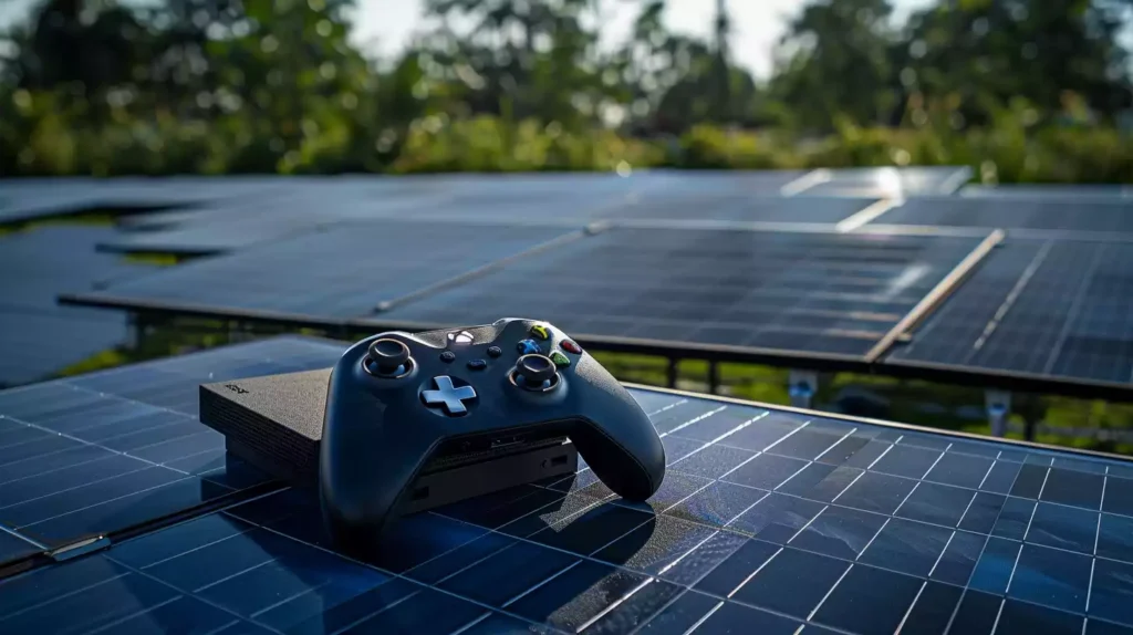 A solar panel system with multiple panels connected to an Xbox console, showcasing the sustainability and longevity of solar power for gaming.