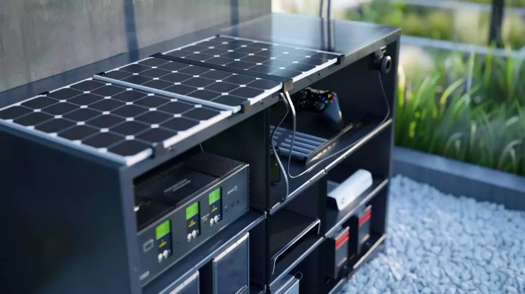 A solar panel setup for an Xbox, including the key components such as solar panels, charge controller, battery storage, and inverter. The setup is displayed in a clear and organized manner.