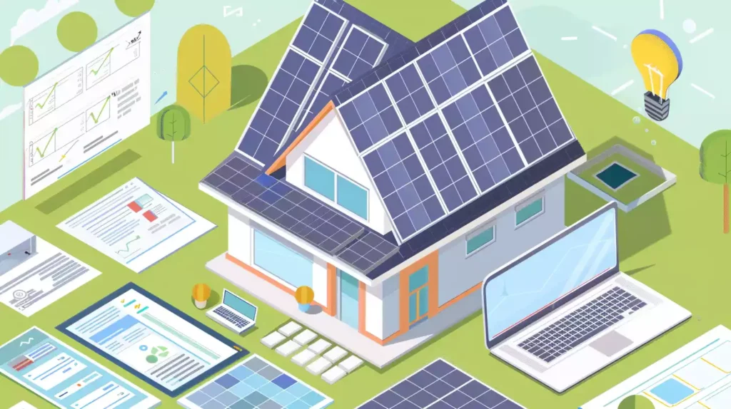 An illustration of a residential rooftop with multiple solar panels installed, surrounded by various items like paperwork, laptops, and calculators to represent the soft costs associated with solar panel installations.