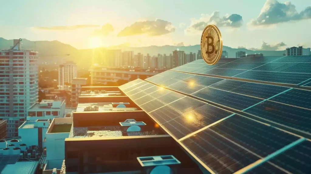 A rooftop with varying amounts of sunlight, shading, and solar panels to illustrate the factors affecting the number of solar panels needed for cryptocurrency mining.